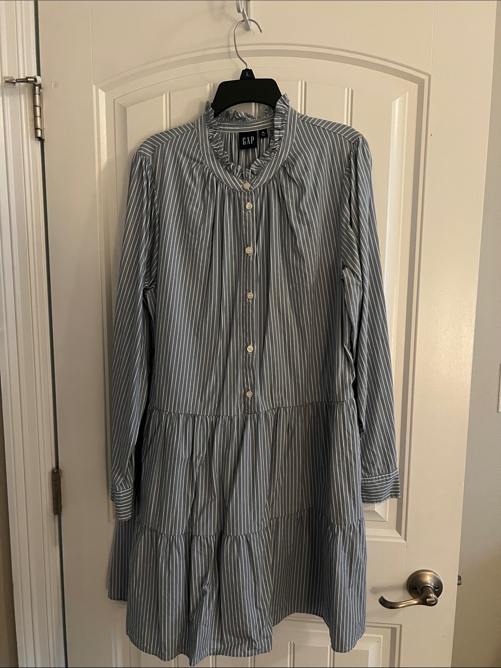 GAP Blue and White Striped Tiered Long-Sleeve Dress